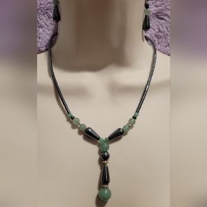 Black Nickel and Jade Beaded Necklace and Earring Set